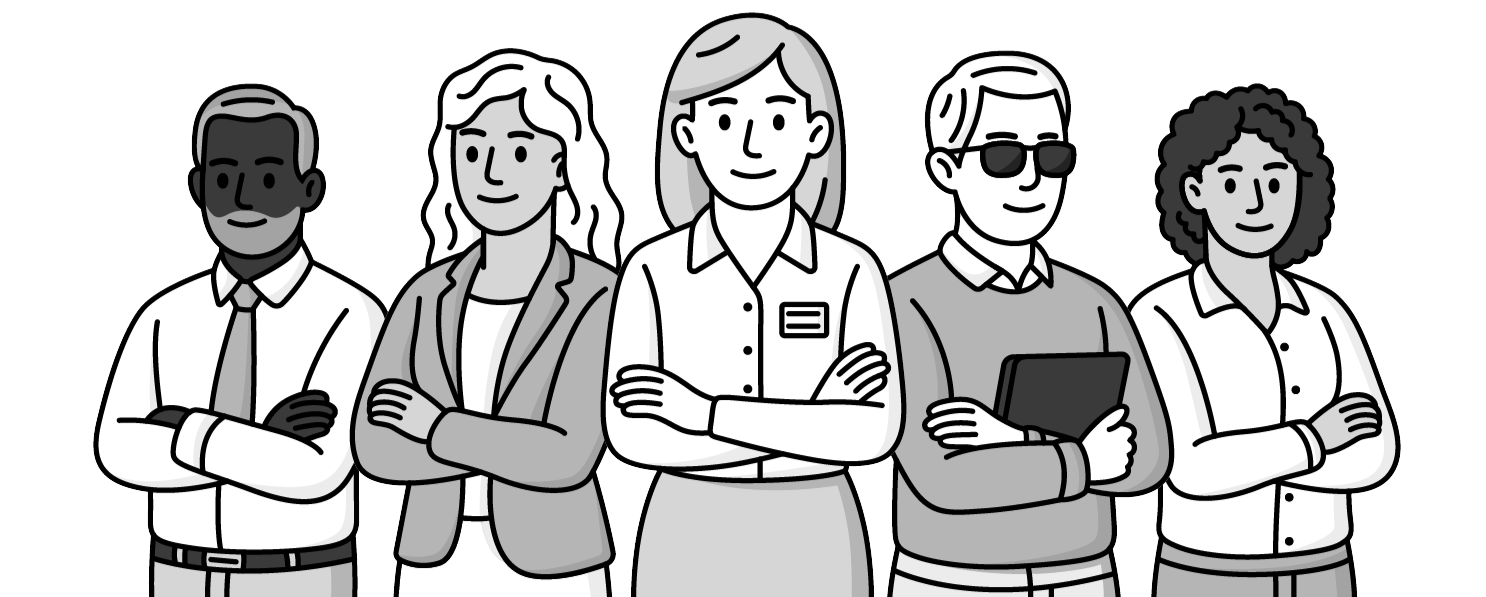 Diverse group of five professionals standing side by side with arms crossed, including men and women with different hairstyles and clothing styles.