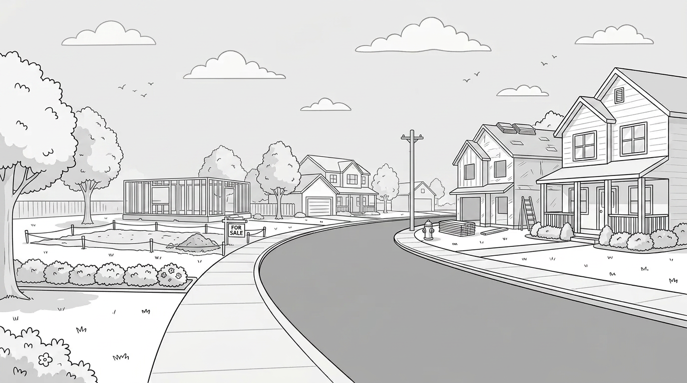 Neighborhood street with some empty lots illustration.