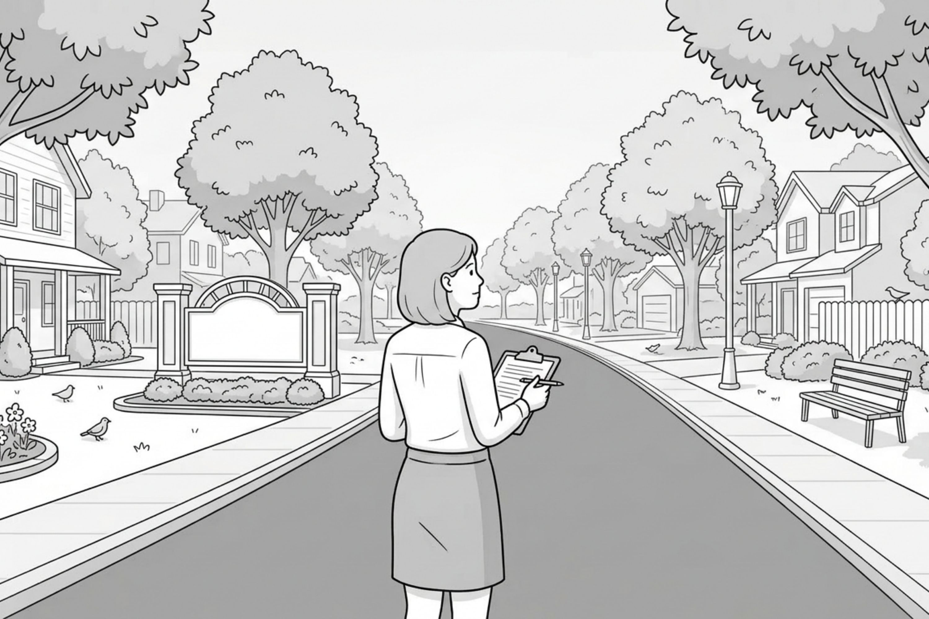 Community association manager looking at an HOA street illustration.