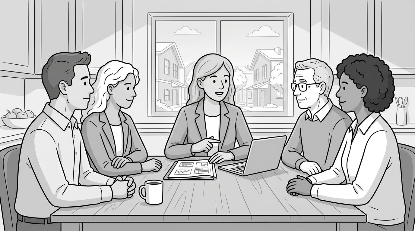 Association accountant at a kitchen table with several board members illustration.