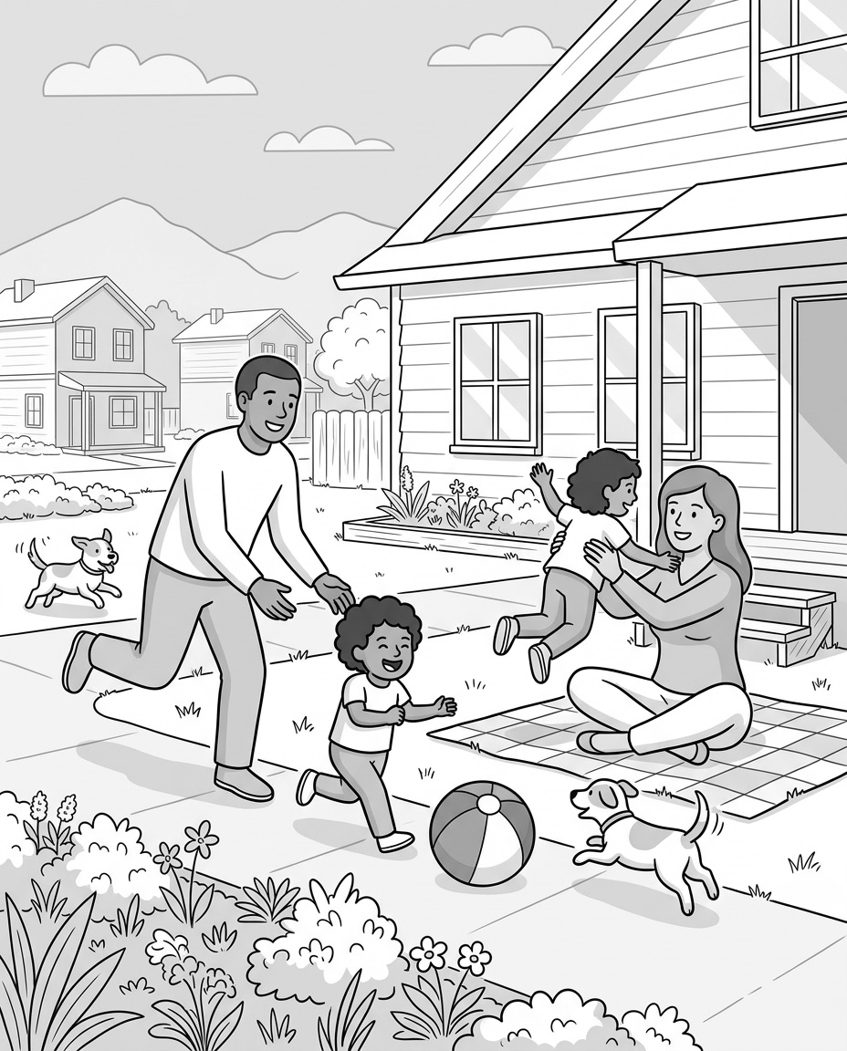 Family playing ball in their front yard illustration.