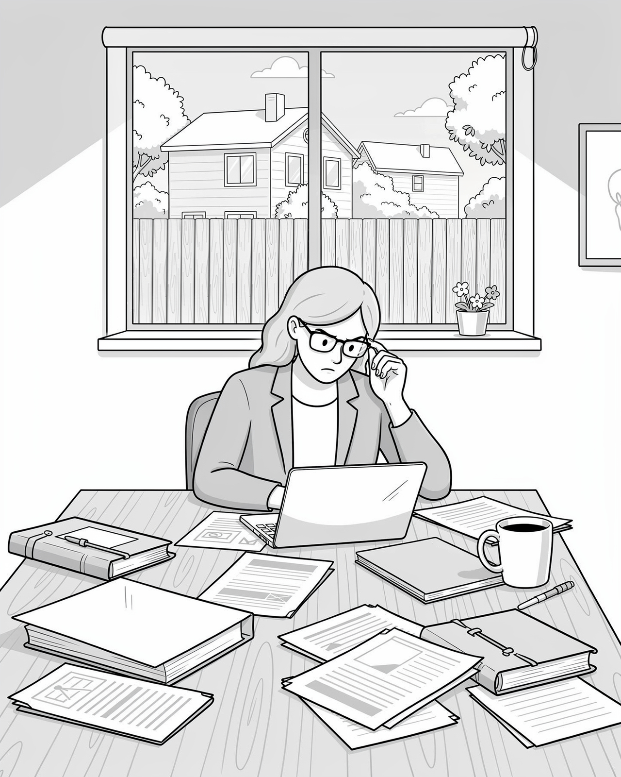 Board member on computer with a lot of documents around.