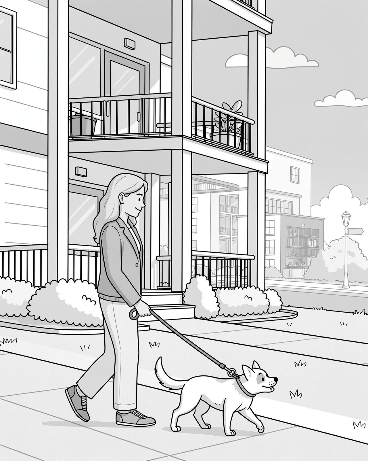 Lady walking a dog outside her condo building illustration.