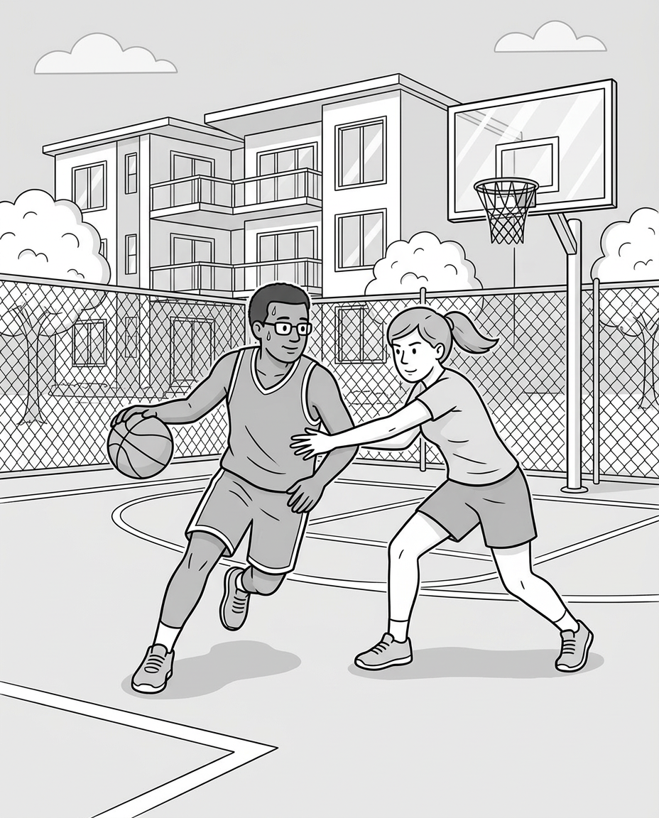 Two people playing basketball at their  condo's basketball court illustration.