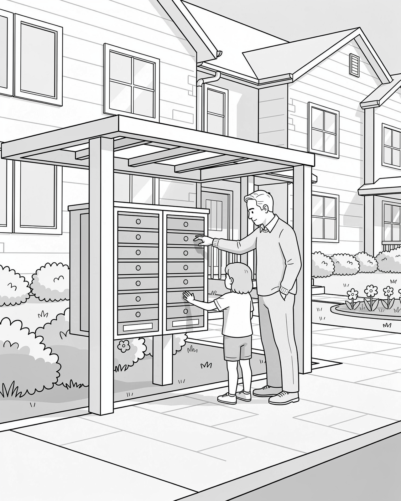 Man and daughter getting their mail at their townhome's mailbox cluster illustration.