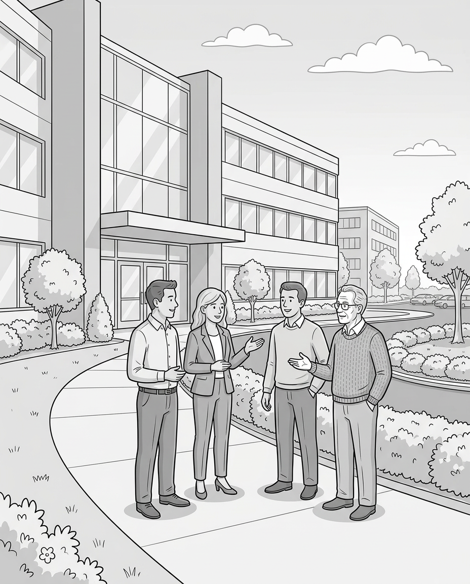 People chatting outside an office park illustration.