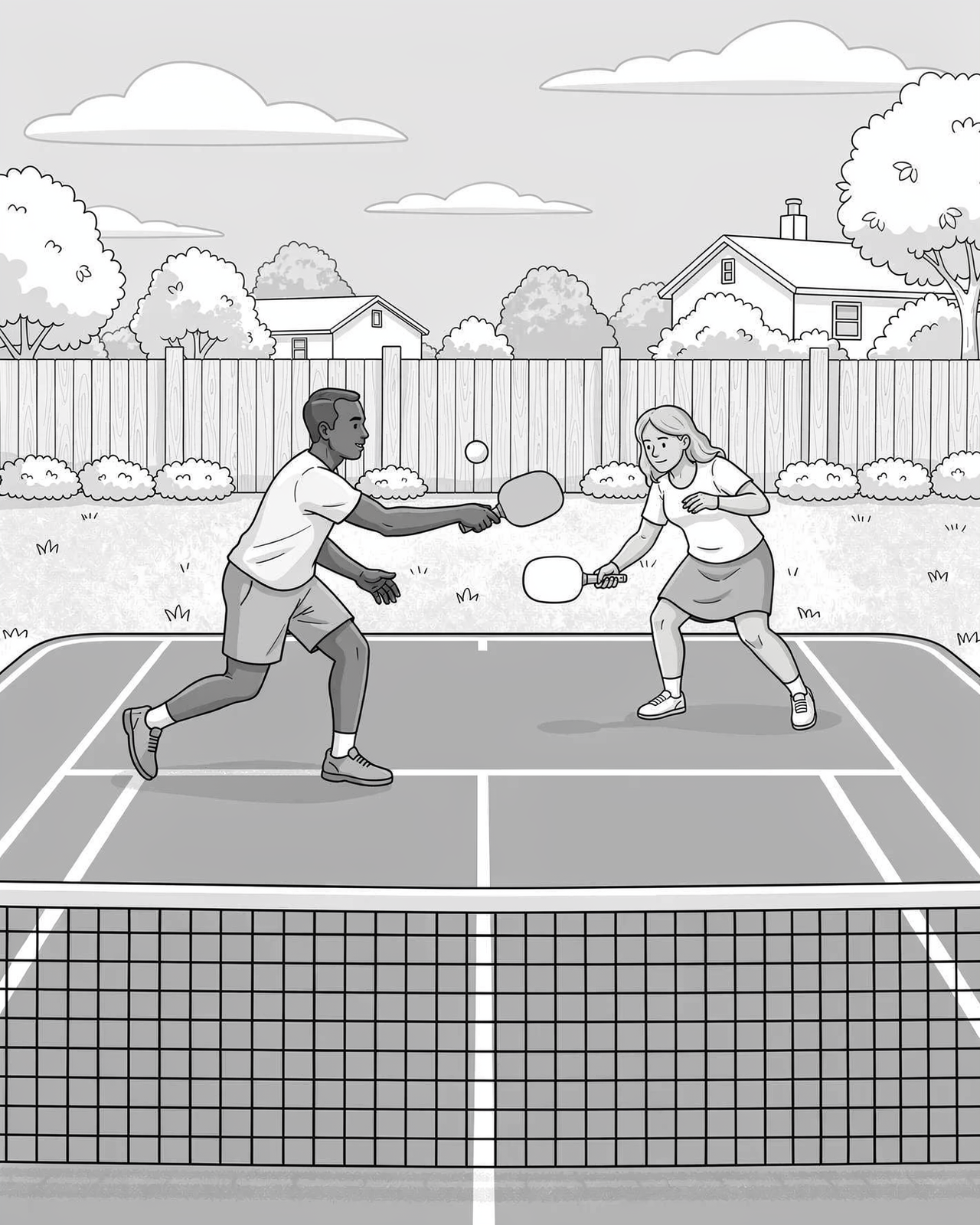 Man and lady playing pickleball illustration.