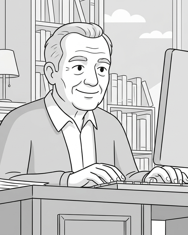 Elderly man at computer illustration.