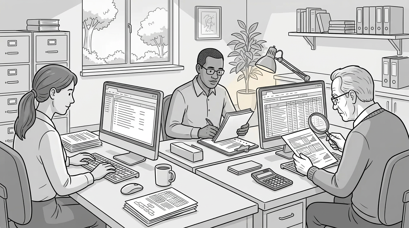 Group of accountants are working at their desks illustration.