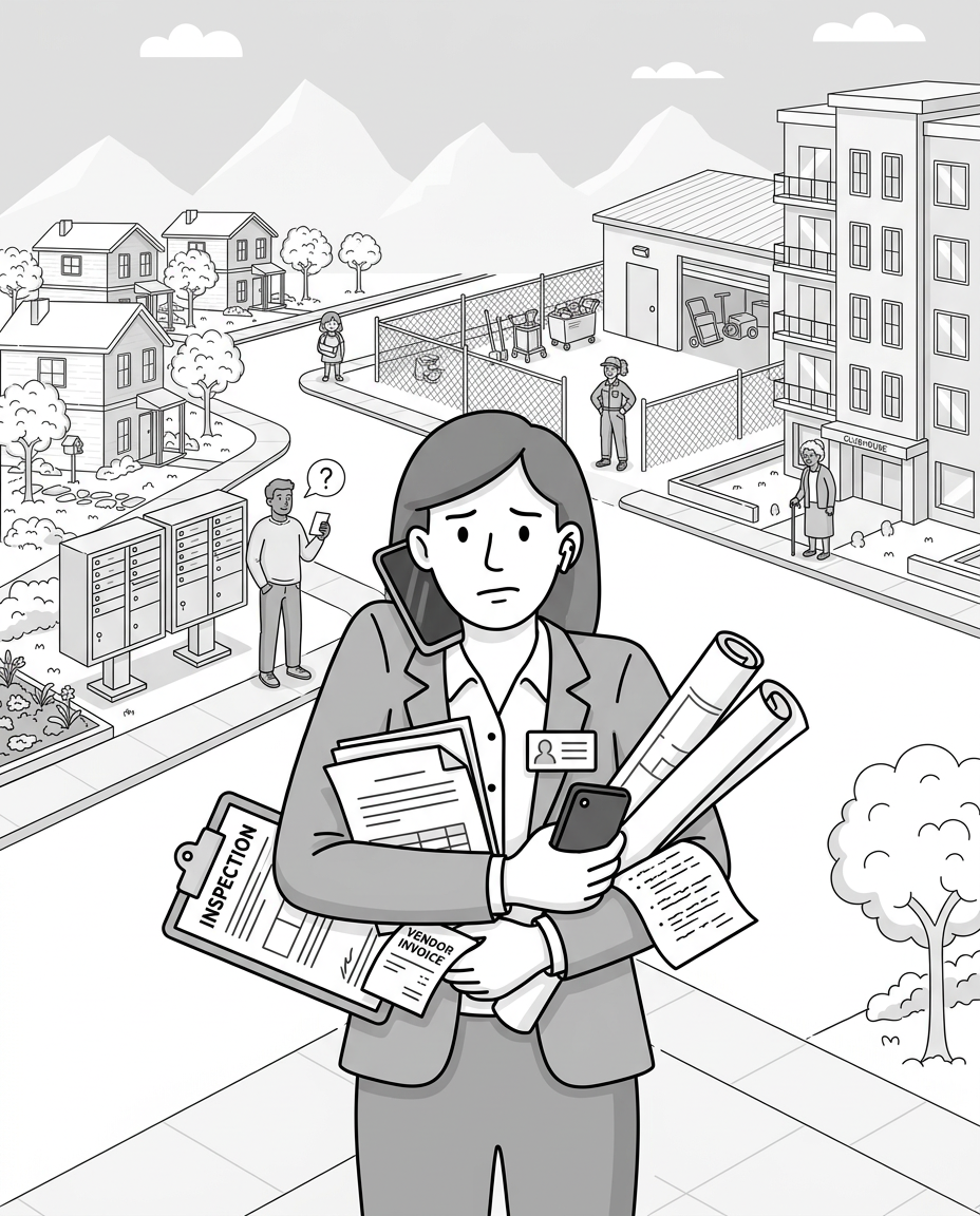 CAM is overwhelmed while the community is waiting for answers in the background illustration.
