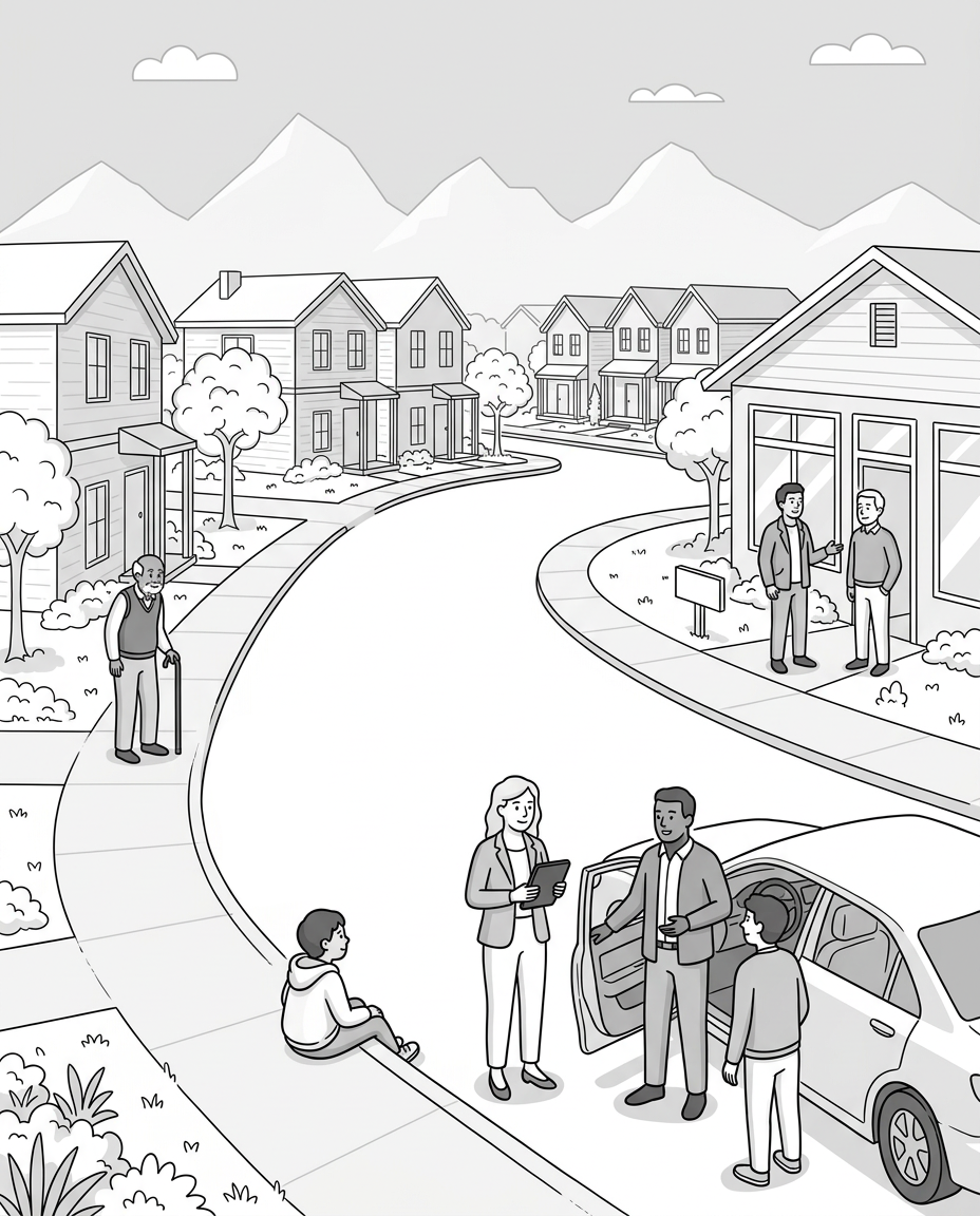 People hanging out on a community street illustration.