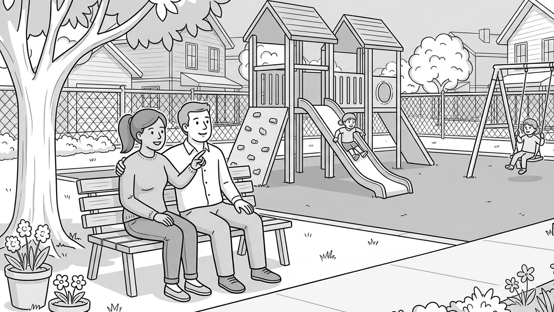 A couple sits on a bench in a park watching children play on a slide and a swing in a playground.