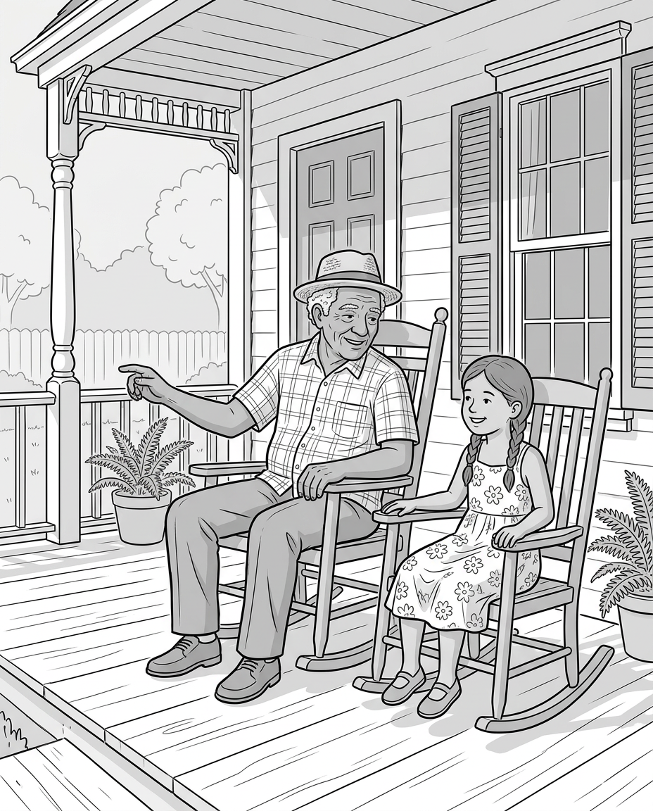 Elderly man and young girl sit on rocking chairs on a porch, the man pointing and talking.