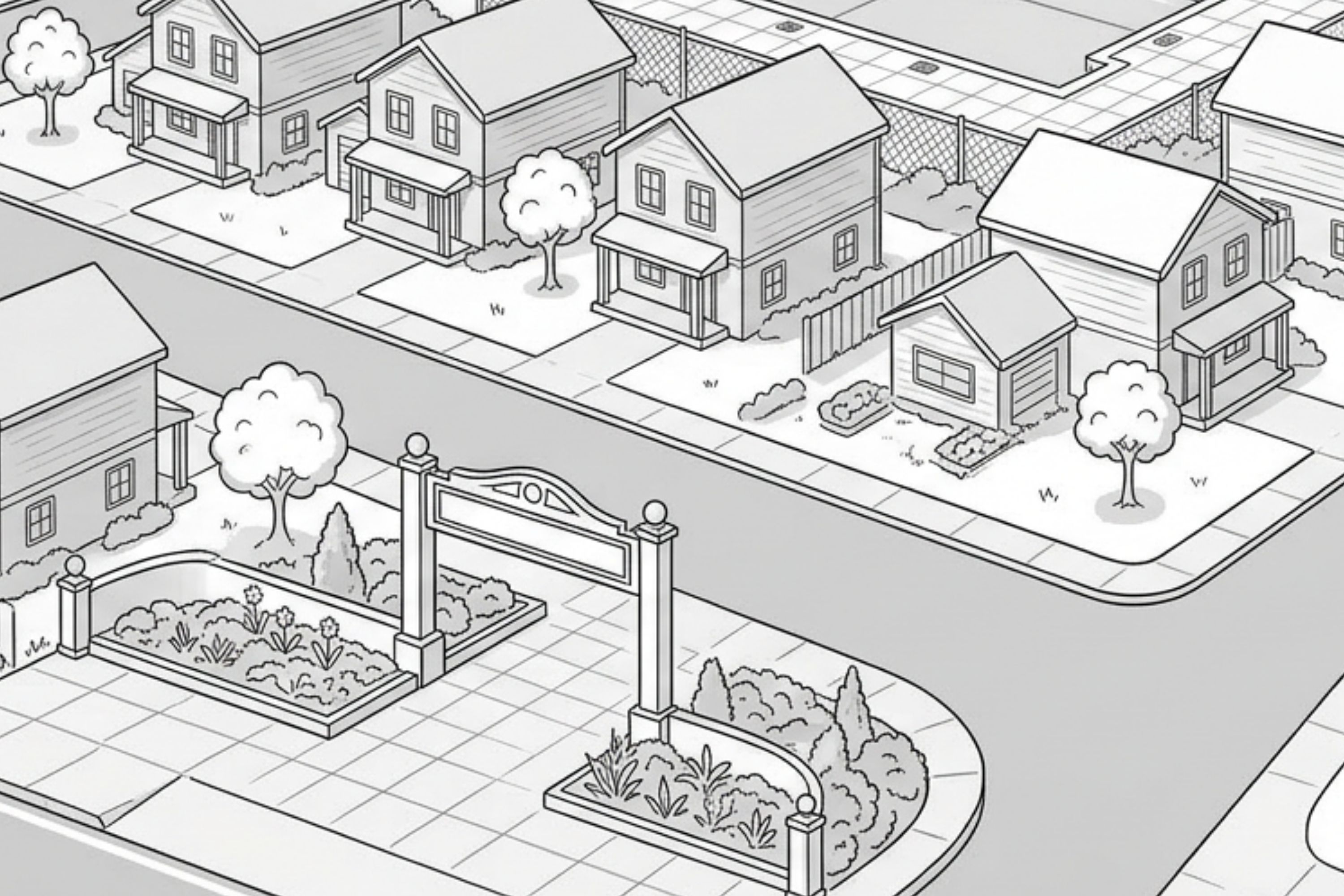Black and white drawing of a residential neighborhood with houses, trees, gardens, and a decorative entrance sign.