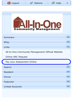 "Pay your Assessment Online" button within the Links section of the main menu of the Web Portal