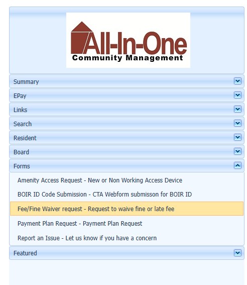 Menu within property owner account with "Fee/Fine Waiver request highlighted