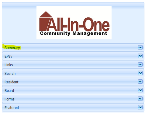 Main menu section of a property owner account. There are several options in the vertical light, with dropdown arrows next to the "Summary" option is highlighted.