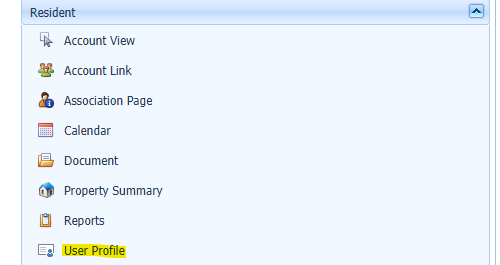 The open "Resident" dropdown in the main menu. There are several options under it, with "User Profile" highlighted.