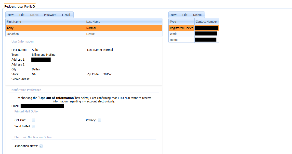 The user profile section of a property owner account. It contains the users linked to the account, the selected user's address, notification preferences, printed mail preferences, electronic notification preferences, and a side box containing the user's phone numbers on file.