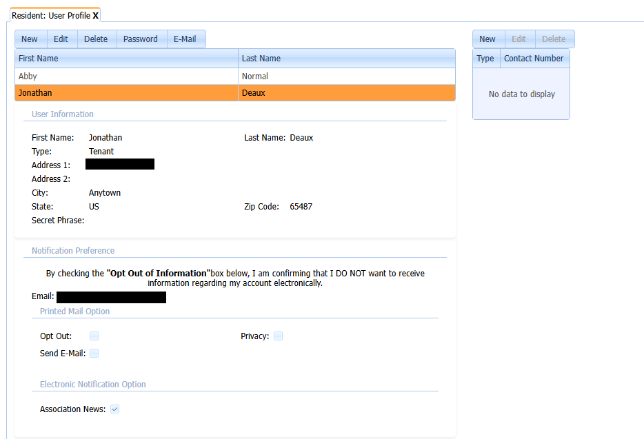 The User Profile section of a property owner account, showing a different user selected and a change in the contact information and user preferences shown.