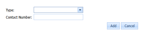 Section of a user profile to add a new phone number. There is a dropdown selection option for "Type" of phone and an input box for the "Contact Number". There are two buttons at the bottom for "Add" and "Cancel".