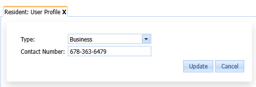 Section of a user profile to edit a phone number. The "Contact Number" section contains the number "678-363-6479" and the "Type" dropdown has "Business" selected.