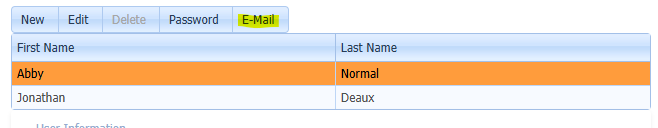 The user information section of the webportal, with a user name selected. At the top, there are options for "New", "Edit", "Delete", "Password", and "Email", with email highlighted.