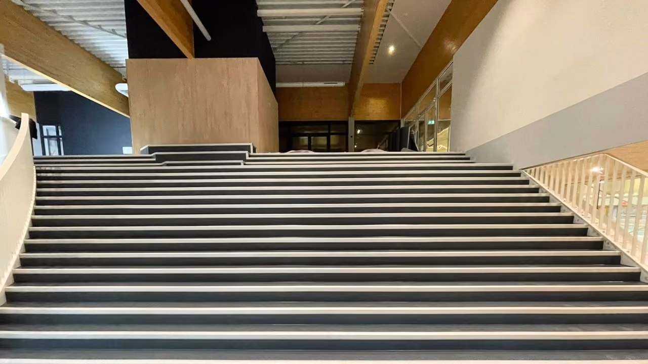 Trap met donkere vloerbekleding en contrasterende trederanden