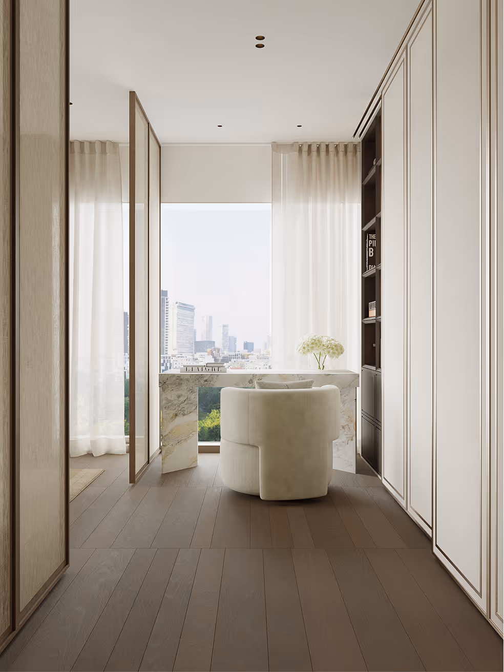 Study nook with stone desk, bouclé chair and park and city views, Tel Aviv penthouse