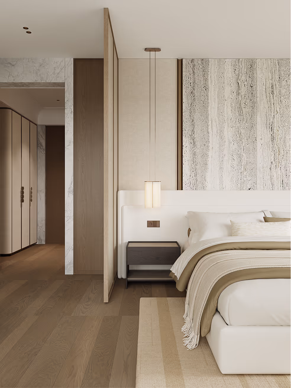 Bedroom with stone feature wall headboard and custom wood millwork, Tel Aviv penthouse