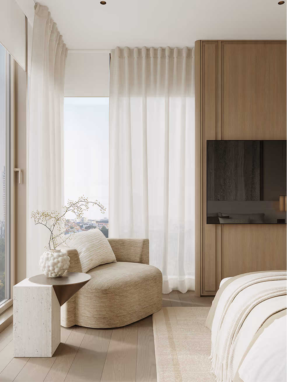 Bedroom sitting corner with bouclé lounge chair and natural oak wood paneling, Tel Aviv penthouse