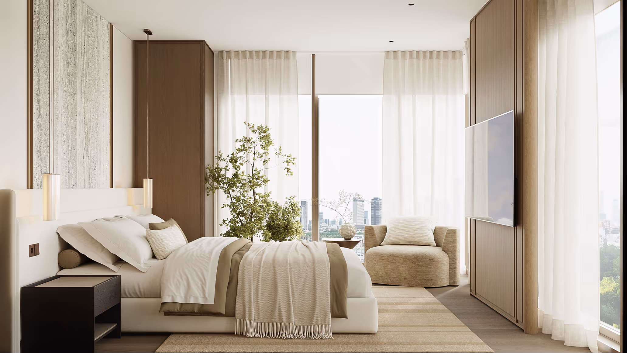 Penthouse bedroom with floor-to-ceiling windows, sheer drapery and city views, Tel Aviv