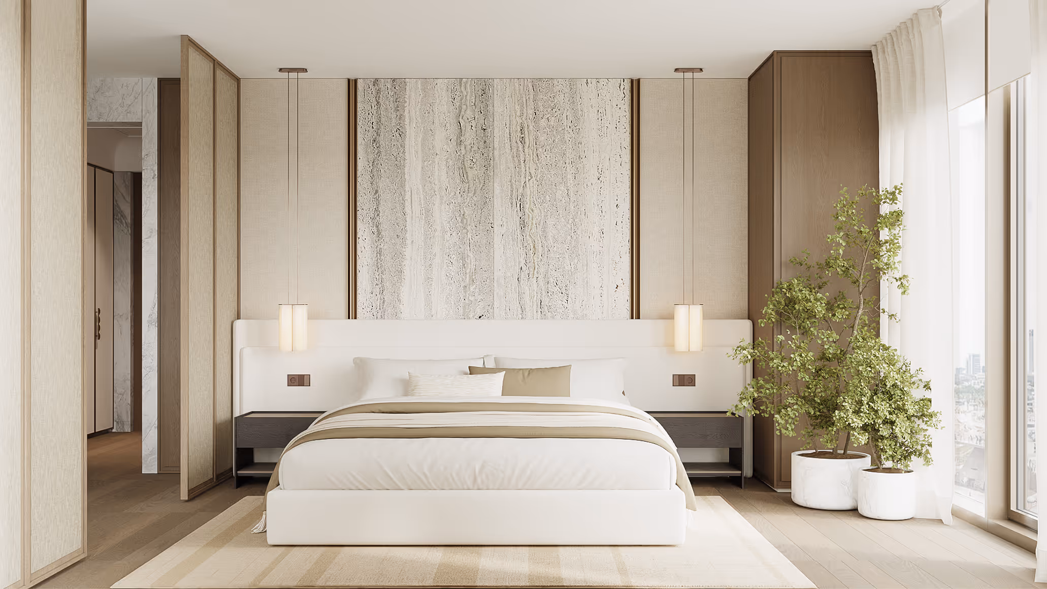 Primary bedroom with full-height travertine wall, custom headboard and pendant lights, Tel Aviv