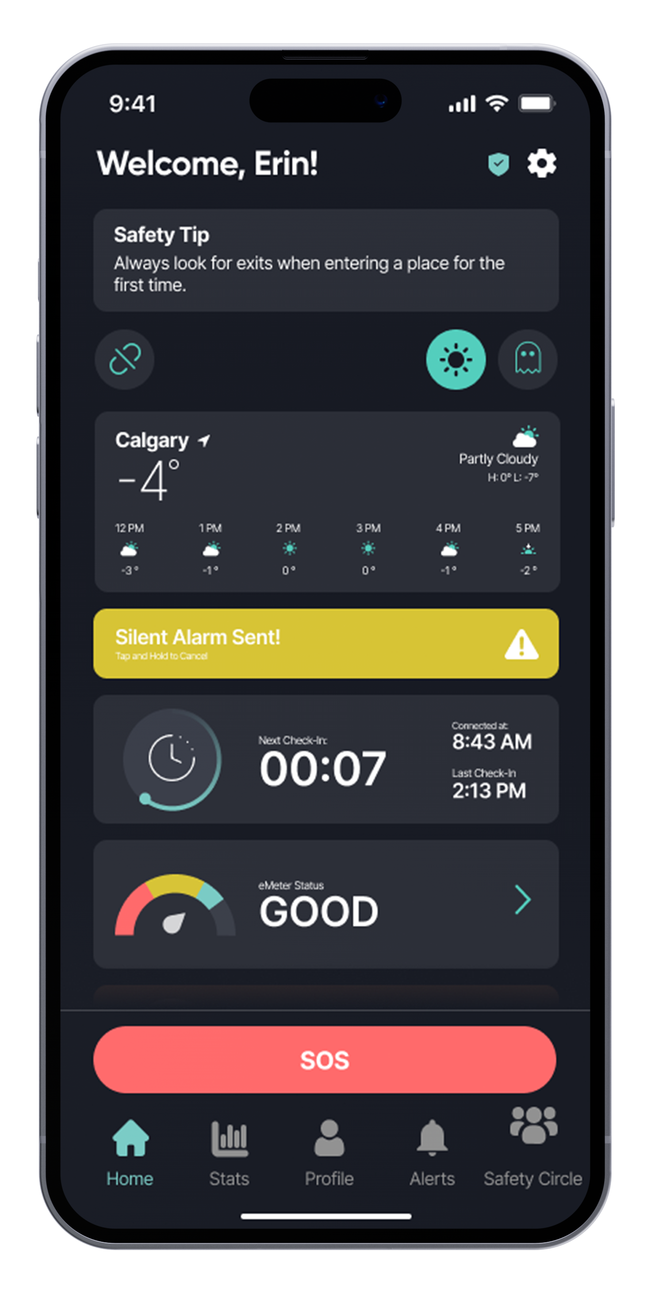 my-eforce app displaying emergency SOS alert activation with GPS tracking and sound clip recording.