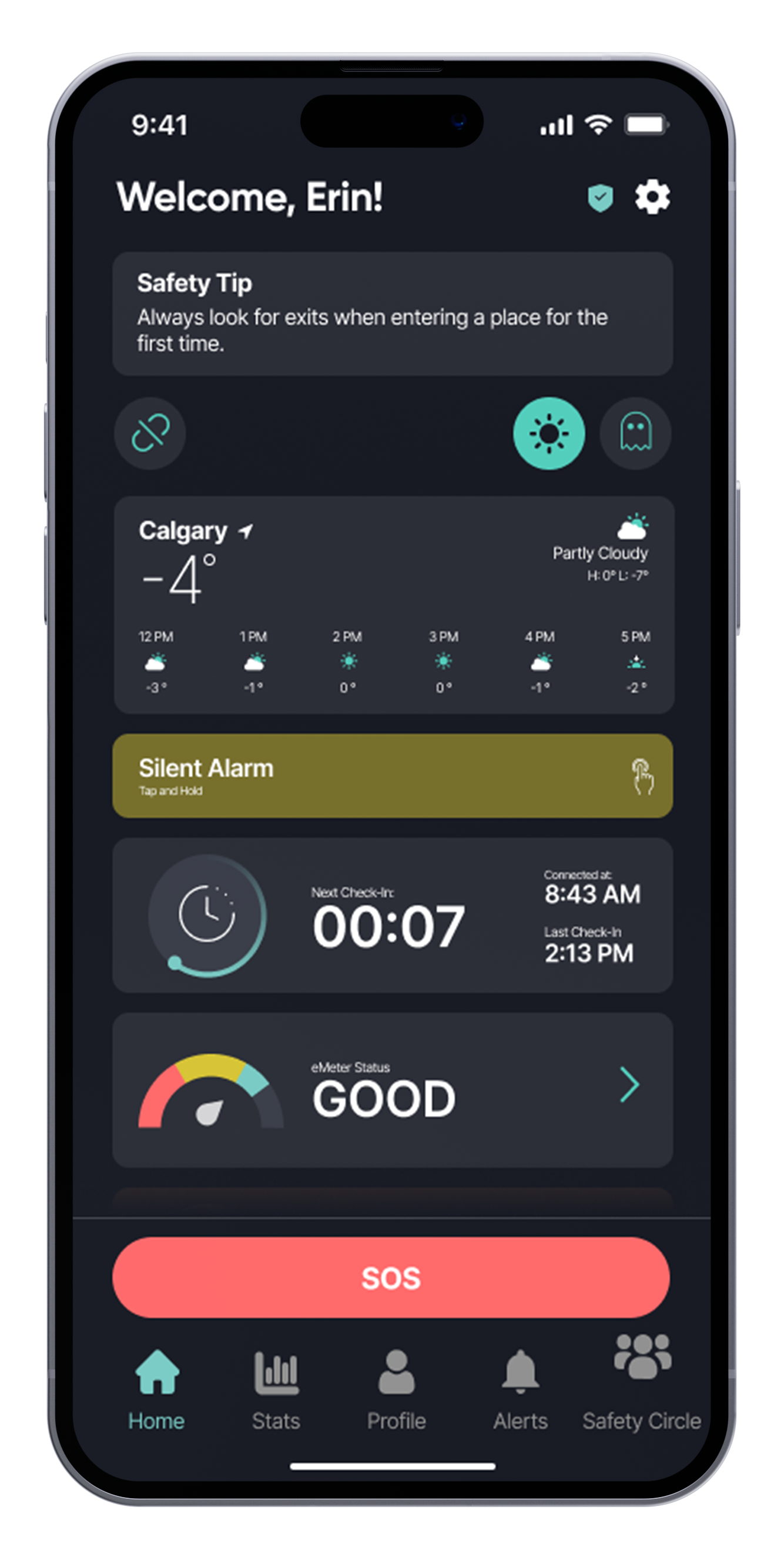 my-eforce app displaying emergency SOS alert activation with GPS tracking and sound clip recording.