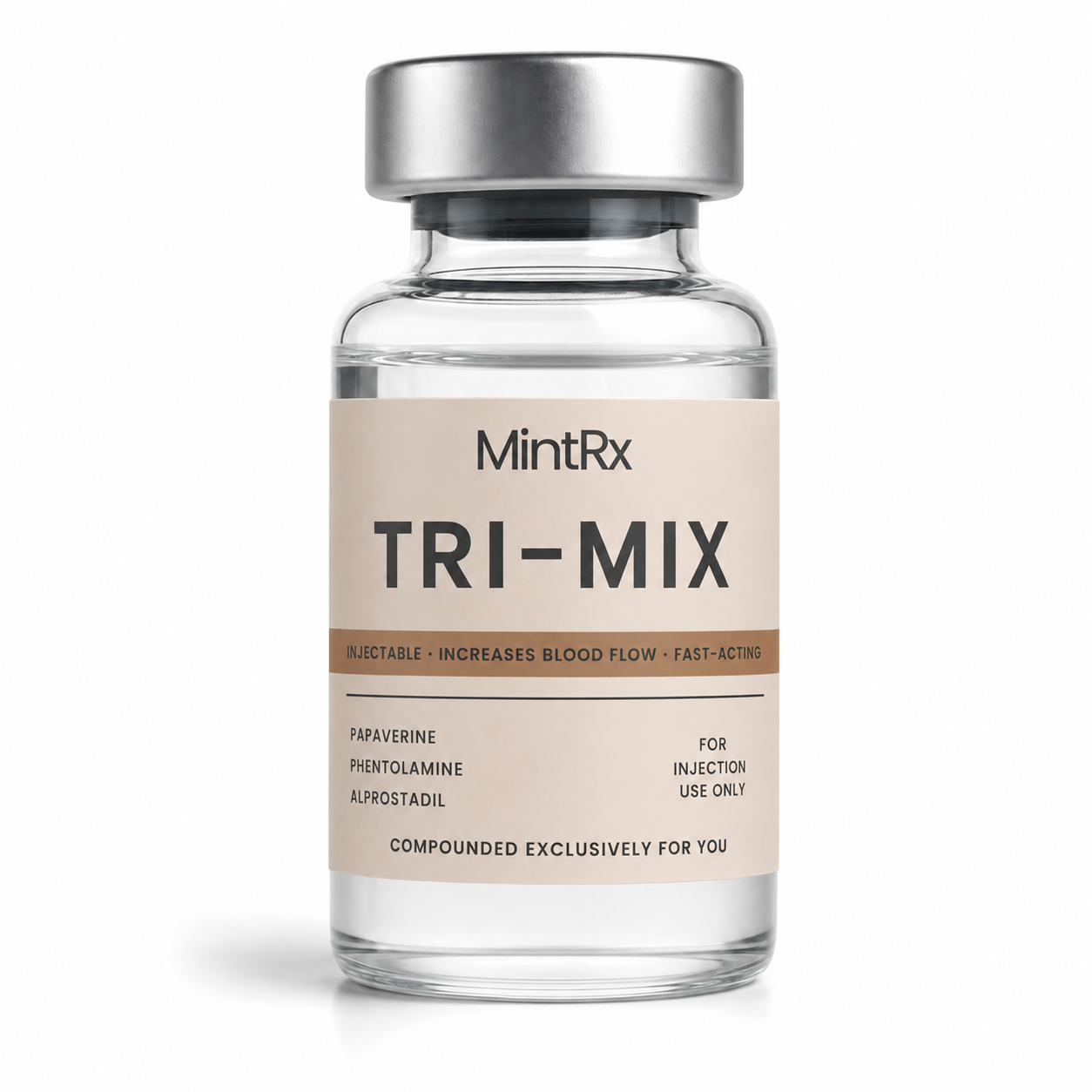 Vial labeled MintRx Tri-Mix Injection, a clear solution for managing erectile dysfunction with three active ingredients.