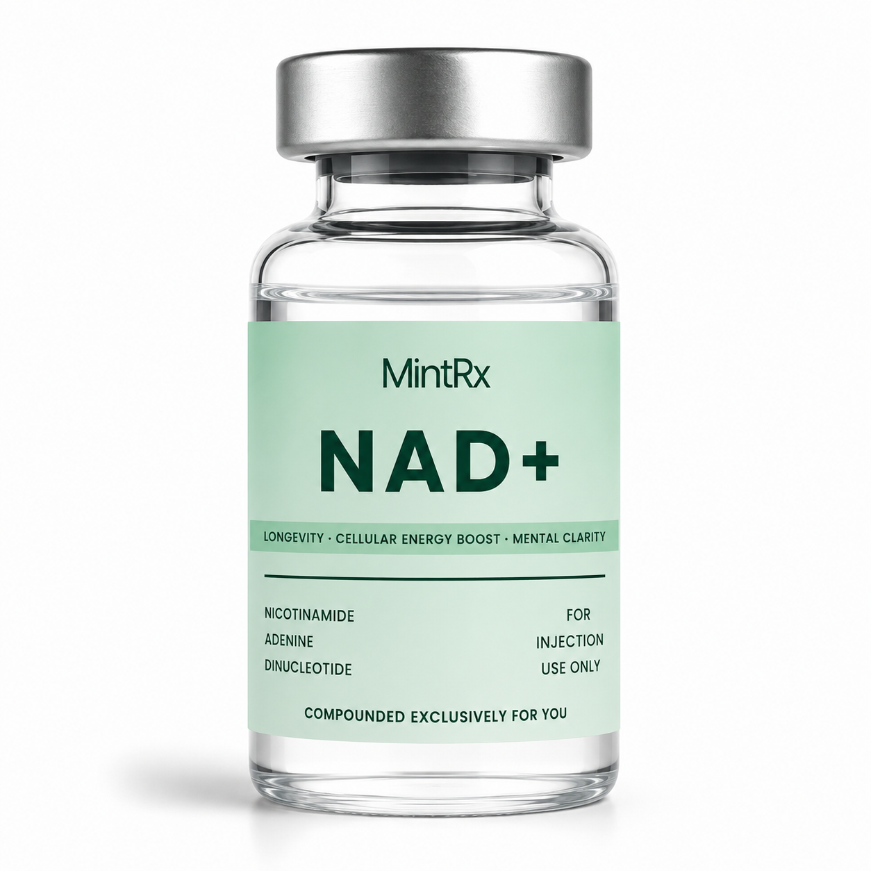 Small transparent vial with silver cap labeled MintRx NAD+ Injection 10mL against a light green background.