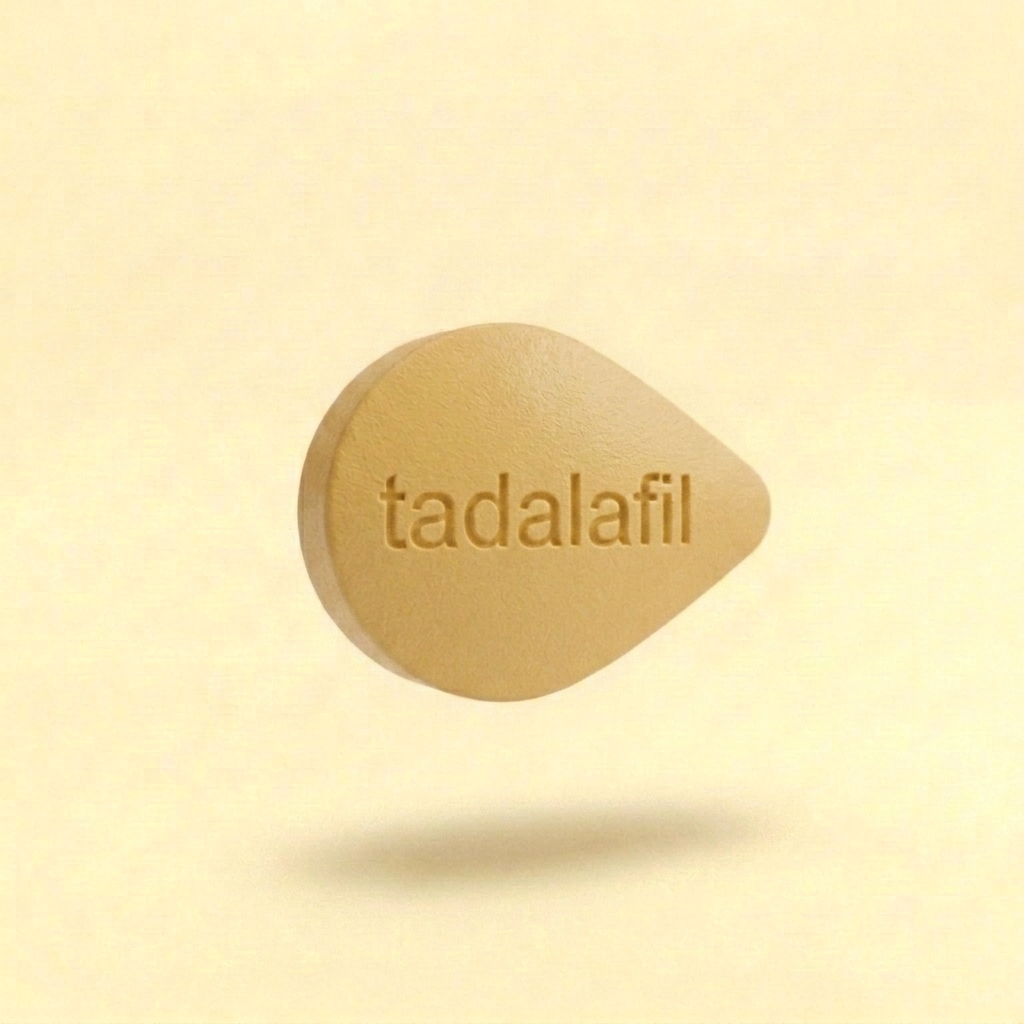 Yellow diamond-shaped Tadalafil pill held on a fingertip against a light yellow background.