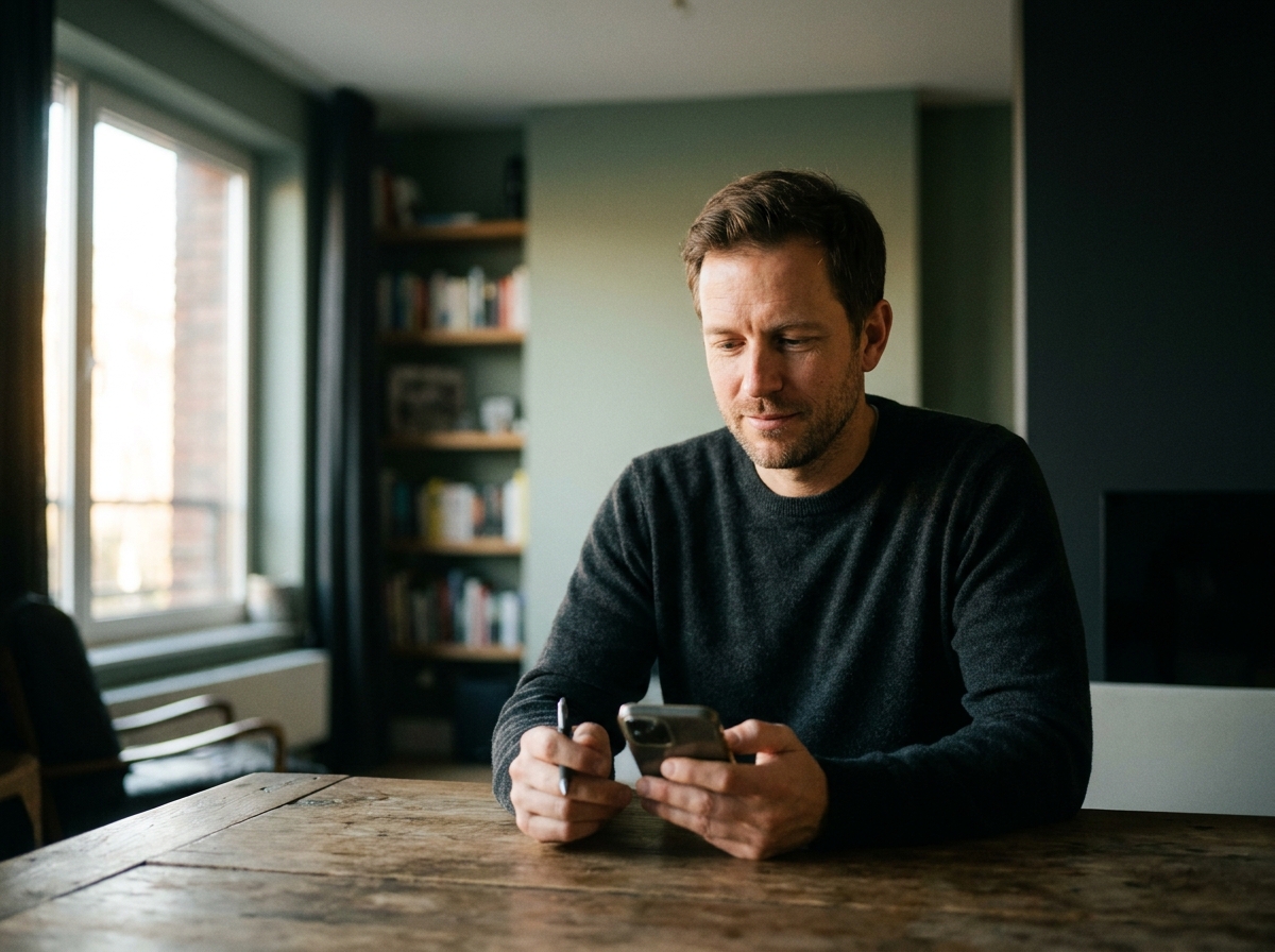 A man completing his health intake on his phone in a calm, modern space