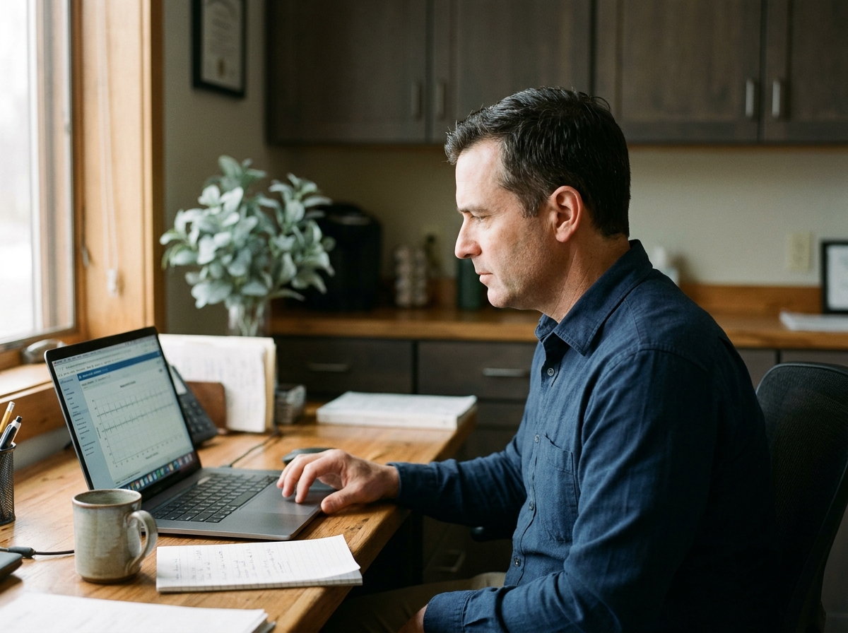 A licensed clinician reviewing a patient intake on a laptop