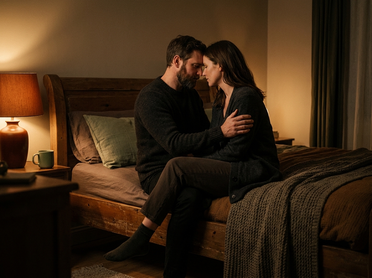 A relaxed, confident couple together in warm evening light