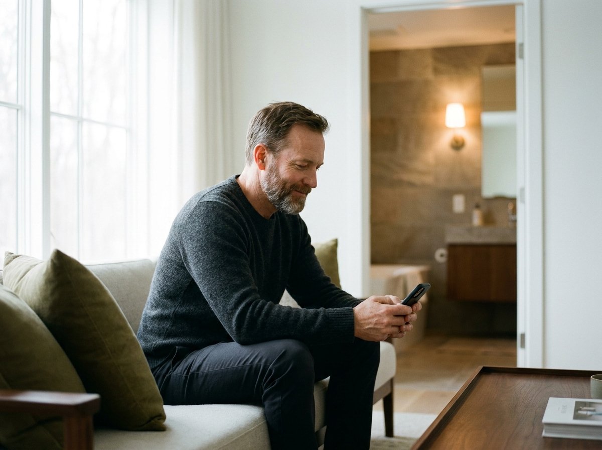 A man starting his online visit on his phone at home