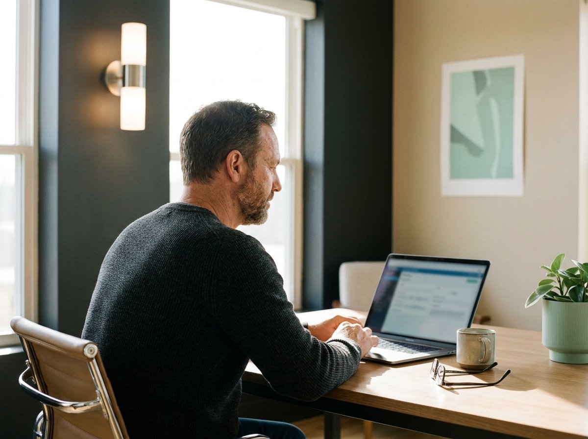A man completing his online visit on a laptop at home