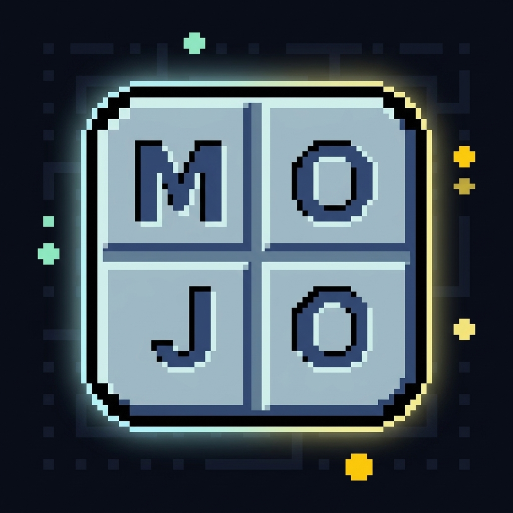 Arcade-style pixel sprite of the Mint Mojo troche embossed M, O, J, O