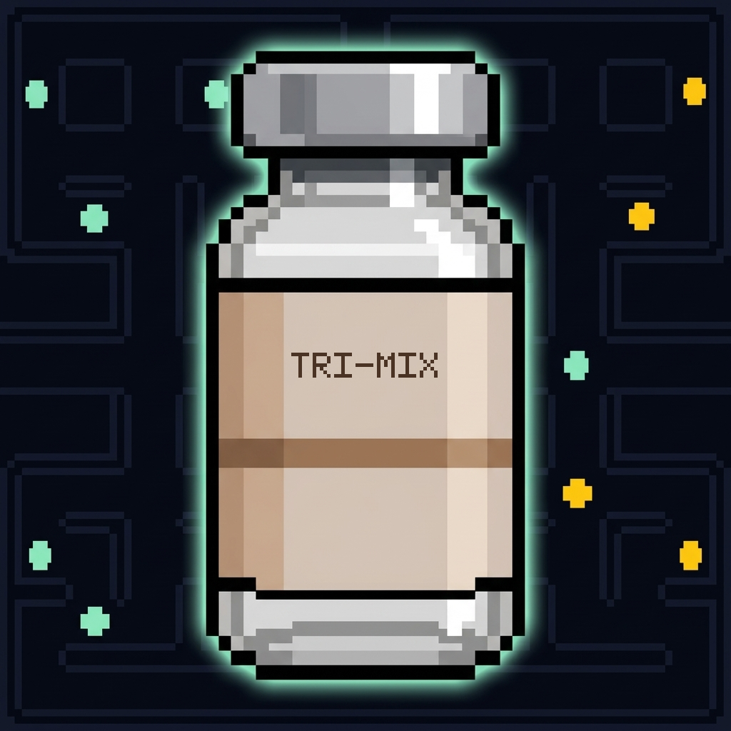Arcade-style pixel sprite of the MintRx Tri-Mix injection vial