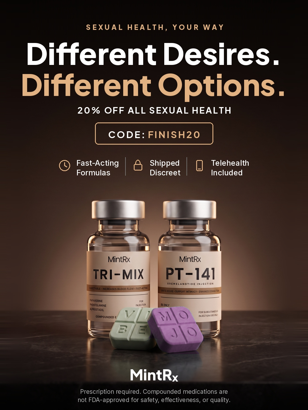 MintRx ED treatments: Tri-Mix and PT-141 vials with Mint Vibe and Mint Mojo troches on a bronze studio backdrop