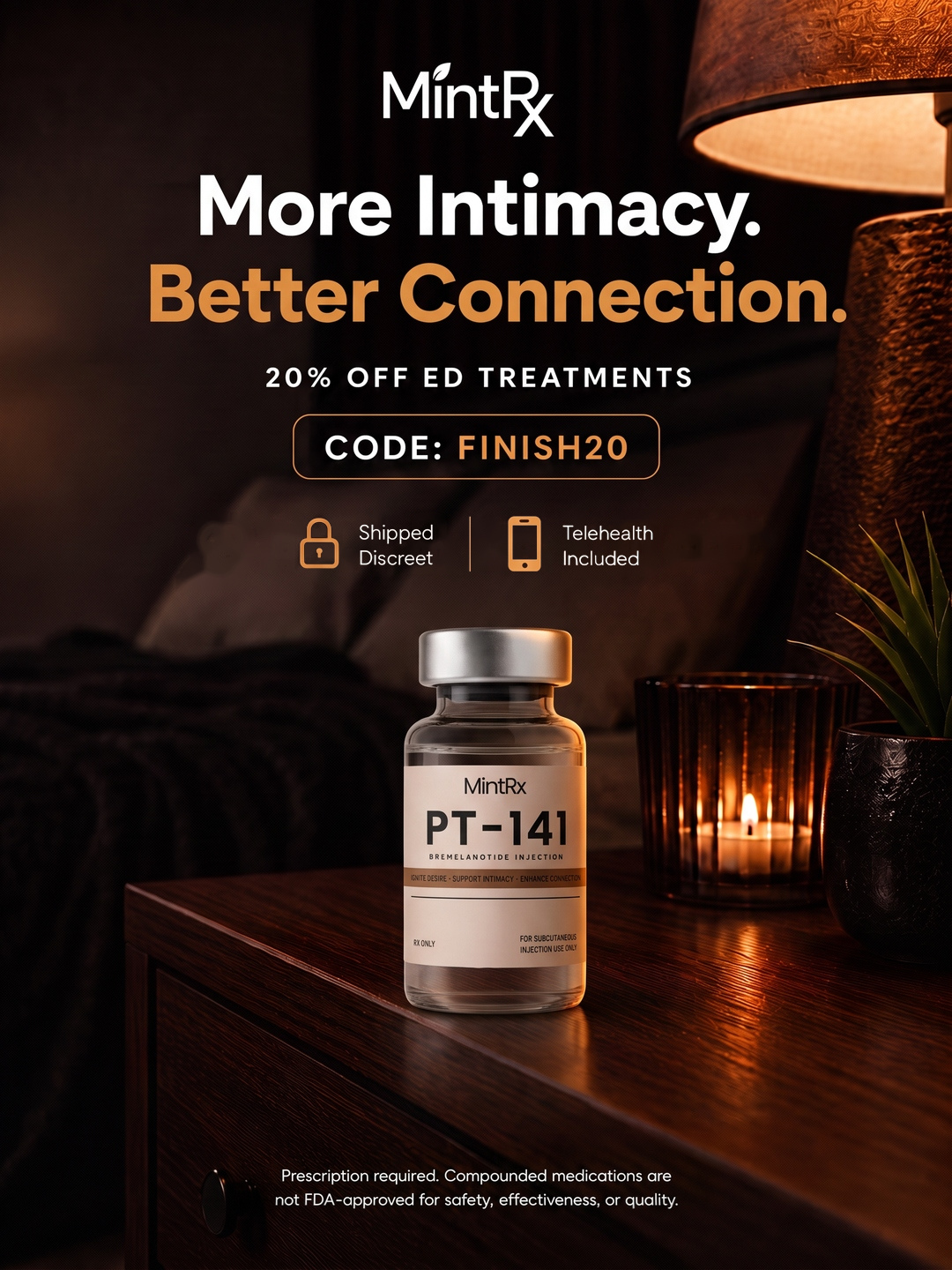 PT-141 vial on a bedroom nightstand beside a lit candle and a warm lamp