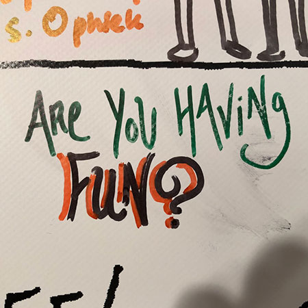 A photo of the phrase "ARE YOU HAVING FUN?" handwritten with markers in decorative lettering on a white wall