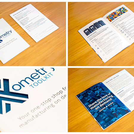 A collage of photos of the front and back cover and two interior spreads of a Xometry informational booklet laid out on a bamboo tabletop