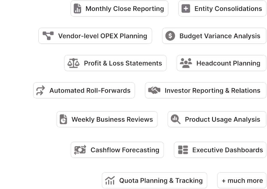 Icons and labels for financial and business functions including Monthly Close Reporting, Entity Consolidations, Vendor-level OPEX Planning, Budget Variance Analysis, Profit & Loss Statements, Headcount Planning, Automated Roll Forwards, Investor Reporting & Relations, Weekly Business Reviews, Product Usage Analysis, Cashflow Forecasting, Executive Dashboards, Quota Planning & Tracking, and Much More.